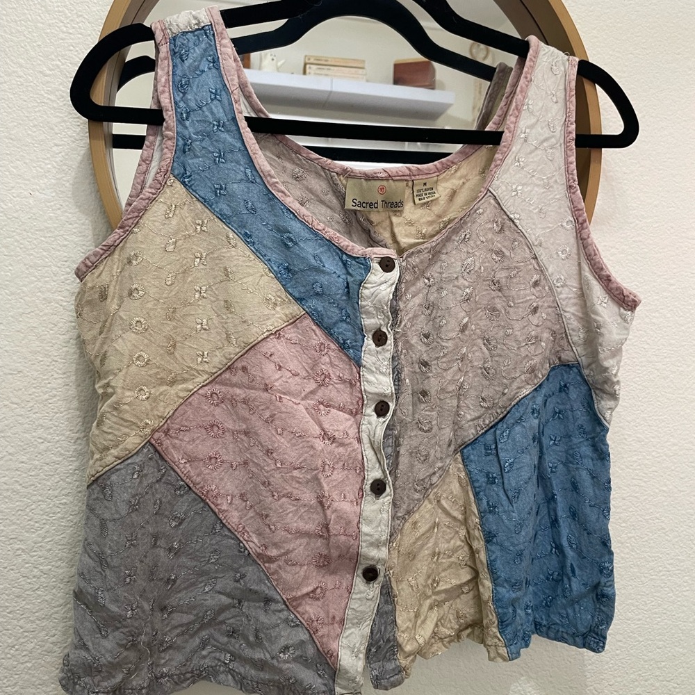 Sacred Threads Cream and Pink Patchwork Sleeveless Tank Top